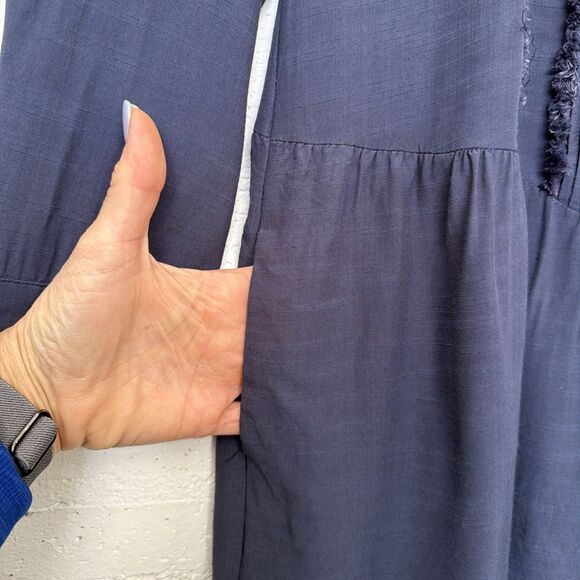 Free People Drop Waist Shirt Dress Navy M Boho Chic Whimsigoth Cottagecore Y2K - Picture 3 of 7